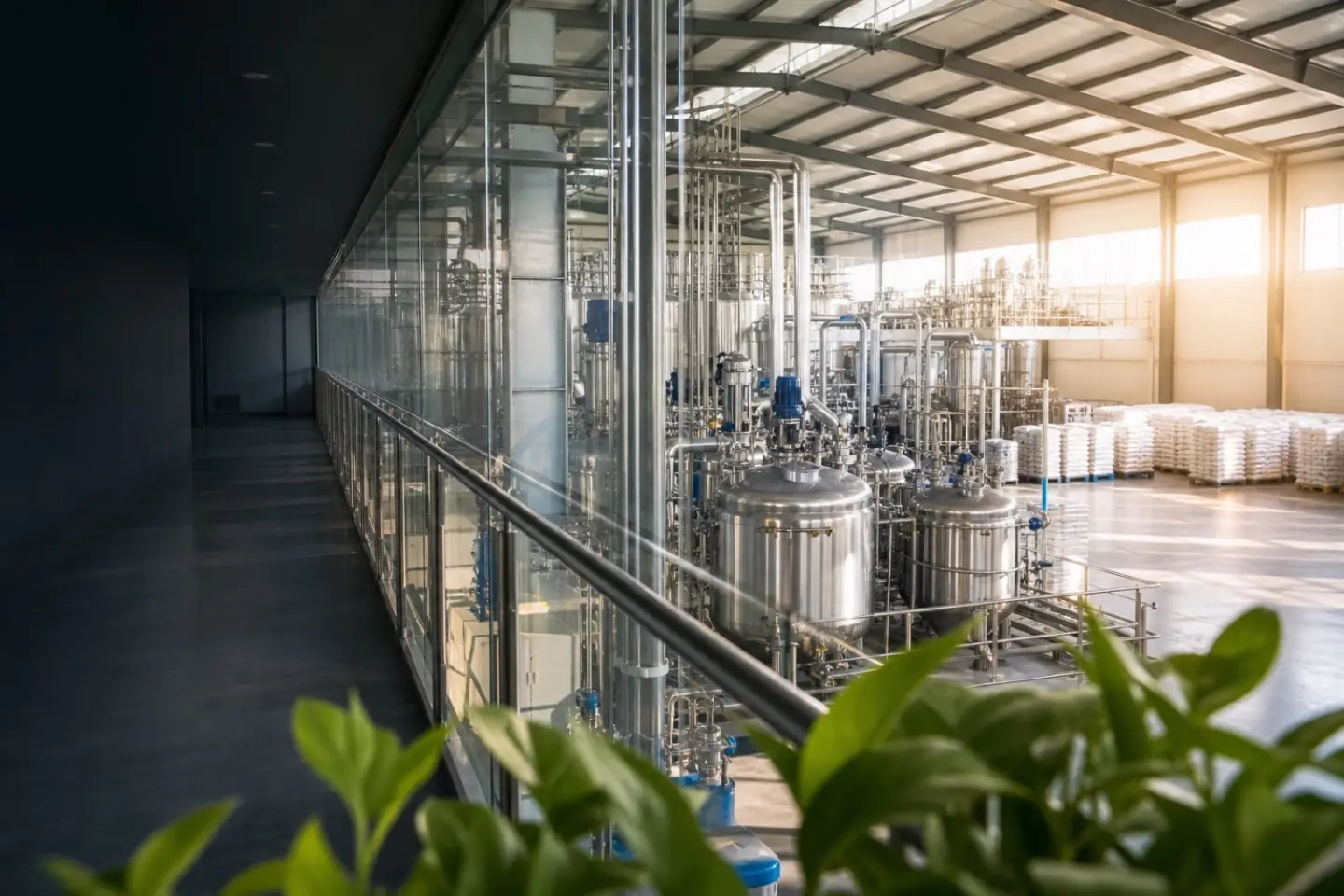 Modern micronutrient fertilizer production facility with crop leaves